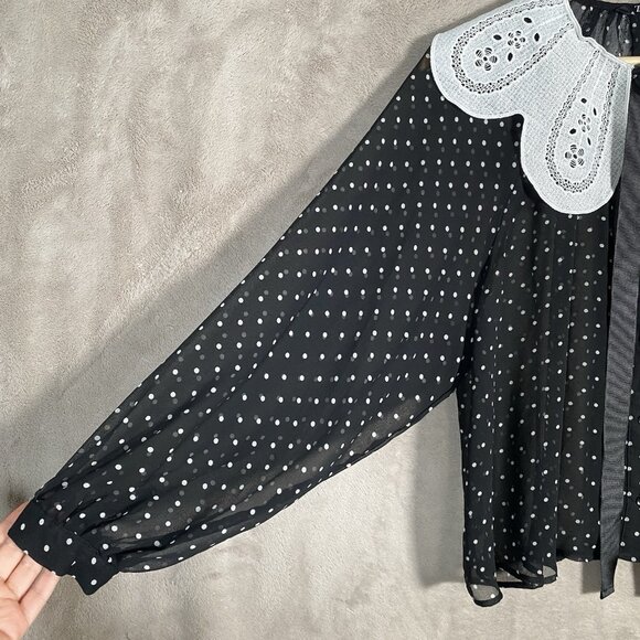Zara Polka Dot Sheer Blouse S Oversized Peter Pan Claudine Collar Tie Neck Bow - Picture 8 of 16